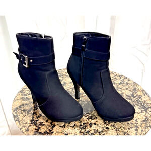 Top Moda George-15 Side Zip Ankle Strap Buckle Stiletto Heel Nubuck Ankle Boots